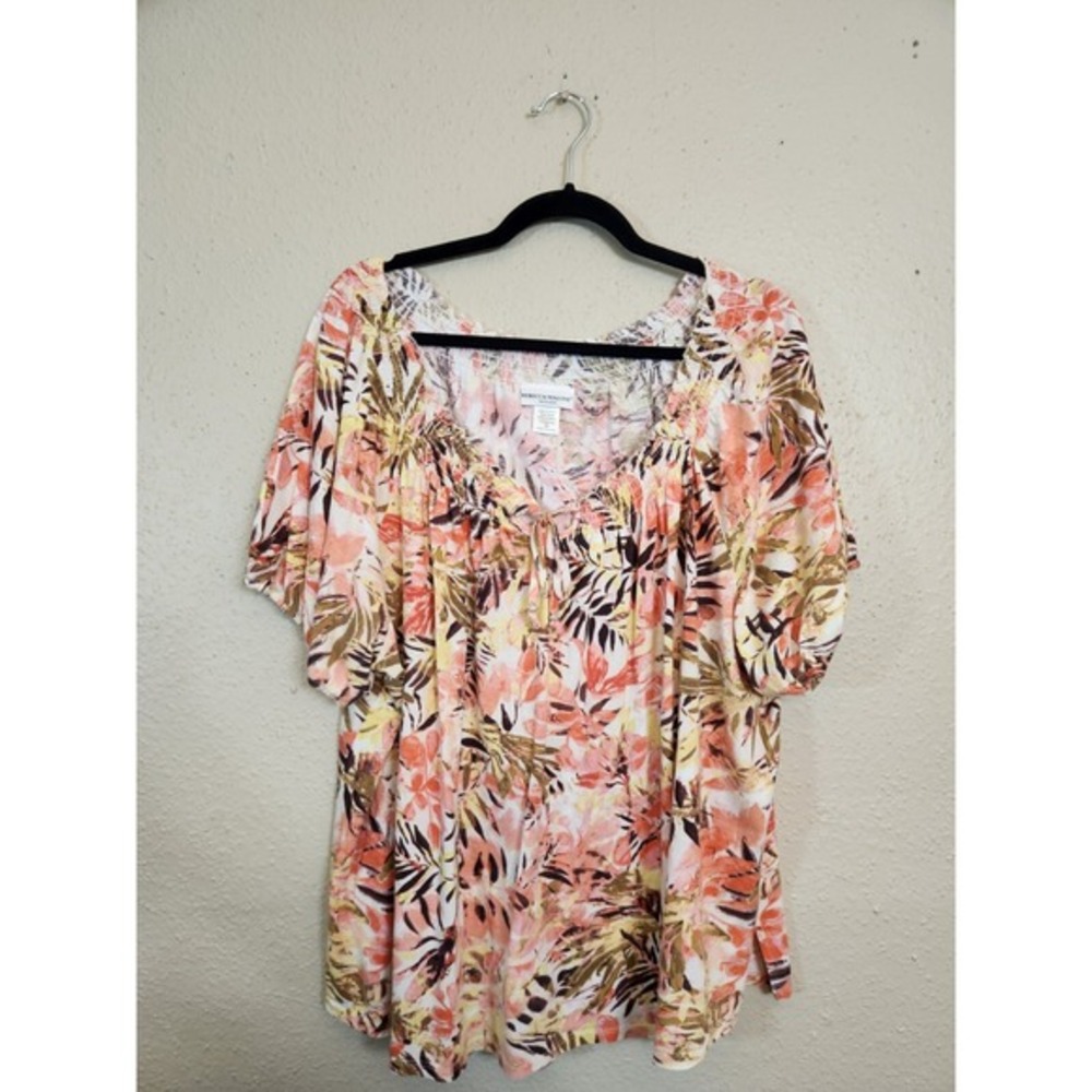 Rebecca Malone Women's Multicolor Floral Smocked Short Sleeve Blouse Size 3X